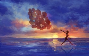 wallpaperrumcom_art_artistic_paintings_mood_emotion_happy_fun_run_motion_balloon_seascape_beaches_sea_ocean_waves_sky_clouds_color_women_female_girl_swimwear_1920x1200